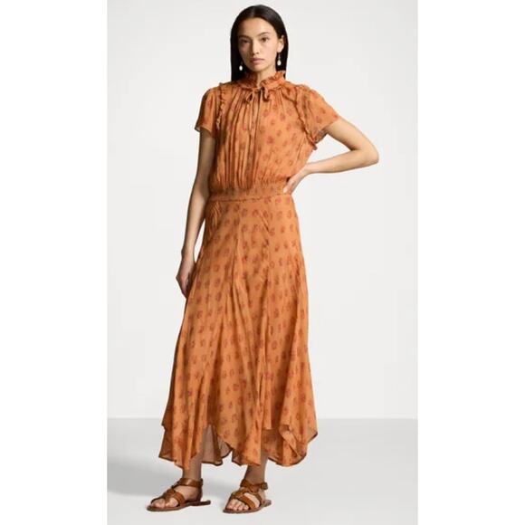 Polo Ralph Lauren Block Print Georgette Tie Neck Dress in Medallion Woodblock - Picture 2 of 14